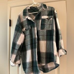 Green and White Plaid Button-Up Shirt